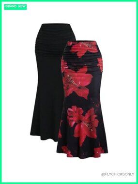 2 Pack Fishtail Skirt Floral Ruched Bodycon Midi Skirt Set